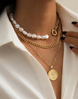 The Lune Collection
Layered Baroque Pearl Coin Pendant / Choker Necklace
